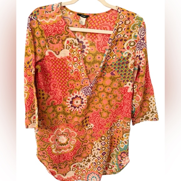 J. Crew Tops - J.Crew Shirt Top  Tunic Top Boho Floral 3/4 Sleeve Split Neck Size Small